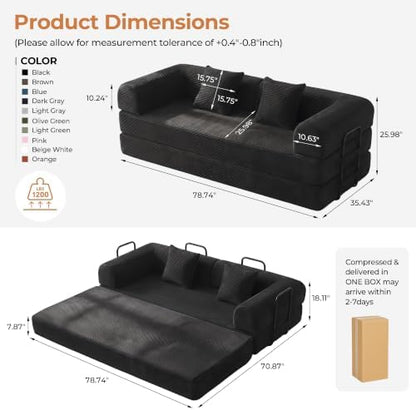 79" Convertible Futon Sofa Bed, Couch for Living Room | Corduroy Loveseat Sleeper Sofa, Modular Futon Couch with Fixed-Shape Frame, Pull Out Couch No Assembly | Black