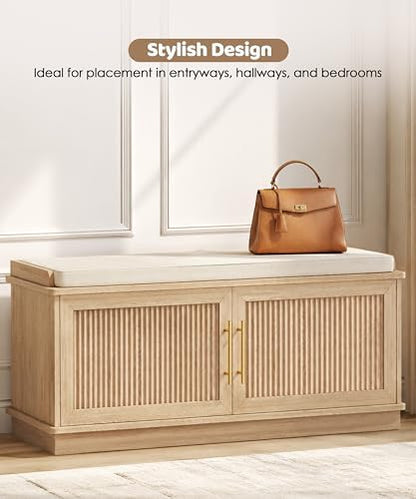 Akxomel 39.4" Fluted Shoe Storage Bench 2 Doors Wooden Entryway Bench Oak | 2 Tier Shoe Bench with Padded Cushion, Adjustable Shelves and 2 Doors, Curved Profile, for Hallway, Living Room, Bedroom