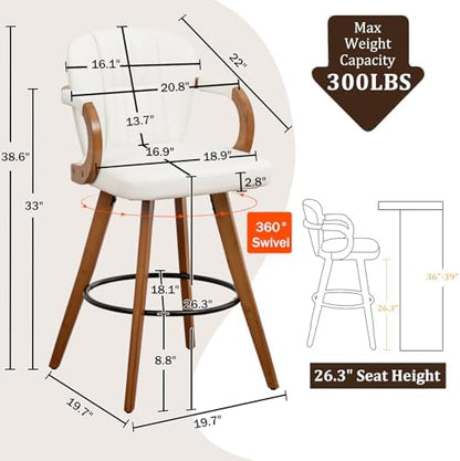 26" Swivel Counter Height Bar Stools with Back White Faux Leather Kitchen Island Bar Chairs with Arms,Spliced Pleated Wingback Barstools for Bar/Kitchen/Dining Room,Set of 2