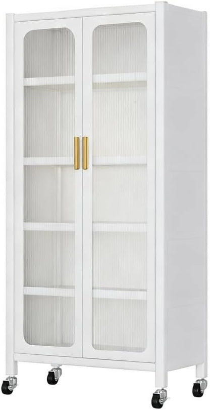 65" Kitchen Pantry Storage Cabinet - Metal 6-Tier Cabinet Transparent Doors with Wheels & Adjustable Shelves for Living Dining Room (White)