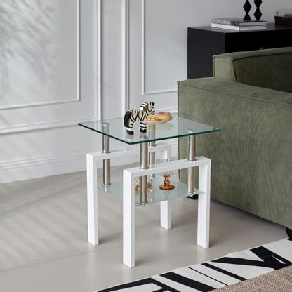 Glass End Table Tea Table with Shelf Side Table with Metal Legs Modern Small Tables for Livingroom (White)