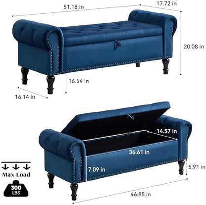 Storage Bench for Bedroom, 51" Upholstered End of Bed Bench, Velvet Queen Size Benches with Rolled Arms, Tufted Button Storage Long Ottoman, Living Room, Entryway, Blue