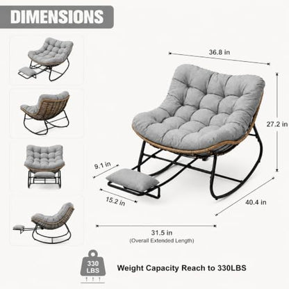 Oversized Rocking Chair with Zero-Gravity Foot Rest & Ottoman, Comfy Lounge Chair for Patio, Porch, Balcony, Indoor Reading Nook, Big Cozy Chaise Chair for Outdoor & Home Use, Grey