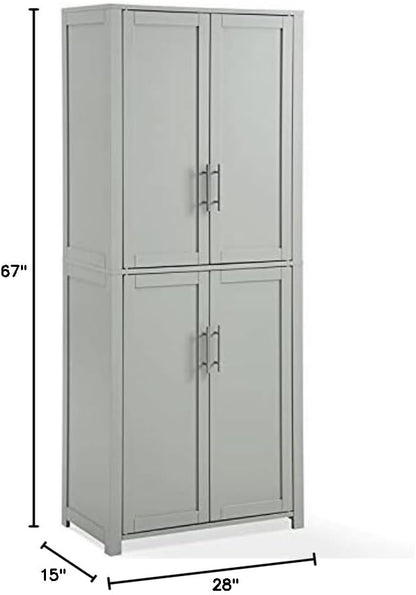 Pemberly Row Tall Wood Pantry Cabinet with Adjustable Shelves, MDF and Birch Veneer, Gray and Nickel Finish, Shaker-Style Doors, 67 in H x 28 in W x 15 in D, Kitchen, Bathroom, or Home Organization