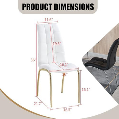 Faux Leather Dining Chairs - Set of 4, Modern White Dining Room Chairs with Gold Metal Legs and Ergonomic Backrest, Upholstered for Kitchen and Living Room