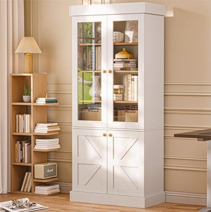 ivaniti 71" Tall Farmhouse Kitchen Pantry, Rustic Large Storage Cabinet with Glass Doors, Adjustable Shelves, Wood Versatile Hutch Cabinet for Dining Room, Living Room, White 2 Pcs