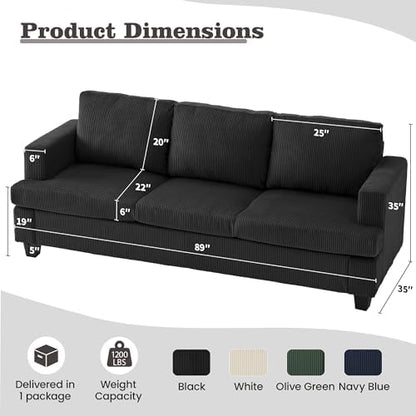 Apicizon Loveseat & 3 Seater Sofa Sets, 89" Couch Sofa Set for Living Room Furniture, 2 Piece Modern Sleeper Sofa with Deep Seat Cloud Couch for Apartment Lounge, Black Corduroy