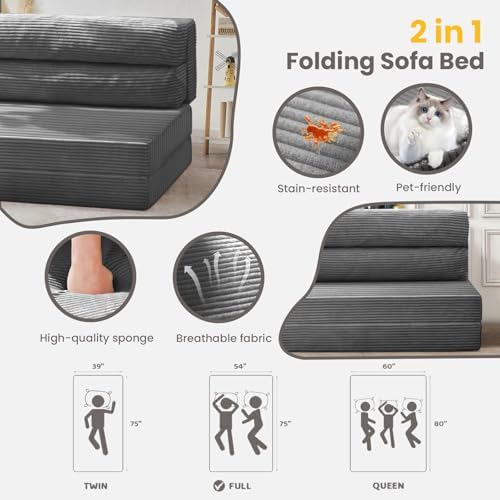 JUIKURY Folding Sofa Bed, Convertible Sleeper Chair with Pilow Foldable Matress, 2 in 1 Pull Out Loveseat Sofa Portable Fold Out Chair Bed Floor Couch Lounge for Living Room Bedroom (Grey, Full)