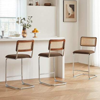 GrandNoor Natural Rattan Counter Height Stools Set of 3 with Solid Wood Back, 29 Inch Mid Century Modern Cesca Bar Stools, Brown Upholstery Boho Stool for Kitchen Counter with Chrome Metal Legs