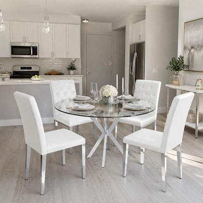 White Dining Chairs Set of 4,Faux Leather with Chrome Plate Metal Legs,Armless Kitchen Room Chairs Set of 4,Max Load 300 Lbs,High Back Modern Design for Home Kitchen Living Room Bedroom