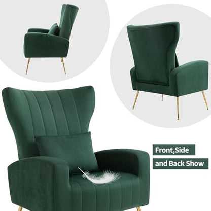 Modern Accent Chairs Set of 2, Wingback Chair with Arm & Gold Legs, Living Room Bedroom Side Chair with Lumbar Pillow, Velvet Upholstered, Channel Tufted, Green