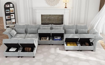 LLappuil 179" Oversized Modular Sectional Sofa with Storage Seat 12 Piece Large Sectional Couches for Living Room with Adjustable Arms Backs, Convert to U/L/Sleeper Sofa, Grey Chenille