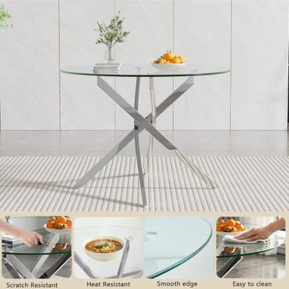HomVent Silver Round Glass Dining Table Set for 2 with 2 Grey Velvet Chair | 47''Glass Kitchen Table Set Round Table Set of 2, Dining Room Table Set with Glass Top for Dining Room Home Family Gathering