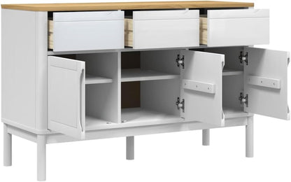 White Solid Pine Wood Sideboard with Drawers and Doors, Modern Engineered Wood Medium Storage Cabinet for Dining Room Living Room Hallway, Spacious Design and Durable