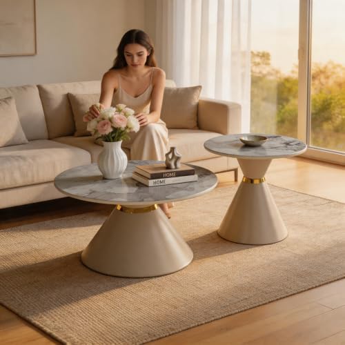 Set of 2 Nesting Coffee Table Round Faux Marble Top Coffee Tables with Base | Conical Base Nesting Coffee Table Set of 2, Round Marble‑Effect Top Stackable Coffee Tables for Small Space Living Room