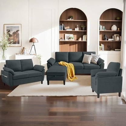 3 Pieces Sectional Sofa Set, 79" Modern L Shaped Couch & 57" Loveseat & 35" Accent Chair, Linen Upholstered Sofa Set with Movable Ottoman, Couches for Living Room, Apartment, Dark Grey