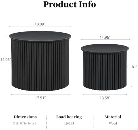 Small Fluted Round Nesting Coffee Table Set of 2, Mid Century Modern Coffee Table Circle Side Table, Wood Nesting Table Farmhouse End Tables Set for Living Room, Bedroom, Small Spaces(Black