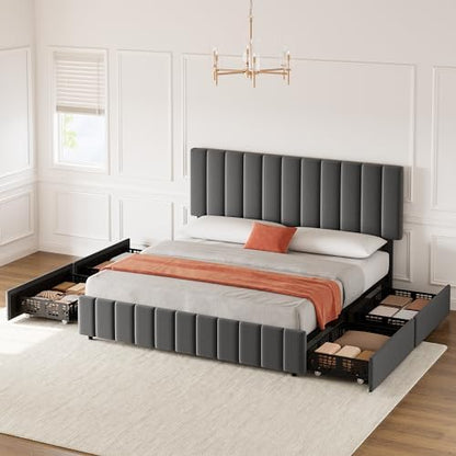 Garvee King Size Bed Frame, Linen Bedframe with 4 Storage Drawers, Grey