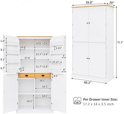 71" Tall Kitchen Pantry Storage Cabinet with 8 Door Shelves and 2 Storage Compartments, Two-Tone Freestanding Food Pantry Cabinet with Adjustable Shelves for Kitchen, Dining Room