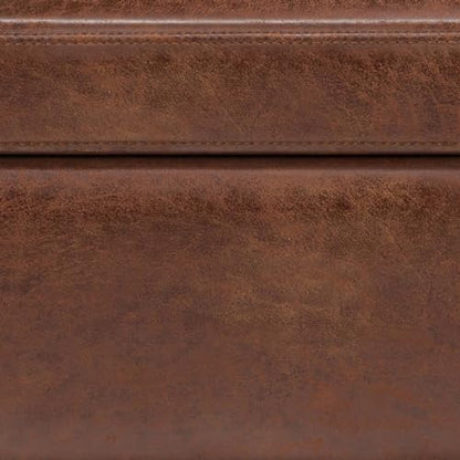 SIMPLIHOME Owen 42" Wide Vegan Leather Lift Top Ottoman in Saddle Brown | Distressed saddle brown, mid-century modern lift-top ottoman with storage for living room; rectangle footstool or pouf.
