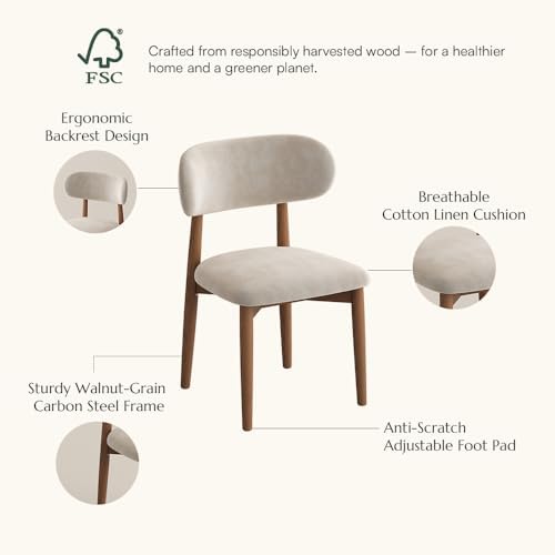 POVISON Modern Dining Chairs Set of 4, Armless Cotton Linen Dining Chair Set with Sackcloth Cushions and Dark Walnut-Coloured Ash Wood, Pre-Assembled Design