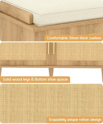 Akxomel 39.4" Rattan Shoe Storage Bench 2 Doors Wooden Entryway Bench Oak | 2 Tier Shoe Bench with Padded Cushion, Adjustable Shelves and 2 Doors, Solid Wood Legs, for Hallway, Living Room, Bedroom