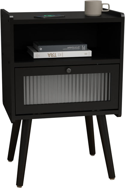 Mid Century Modern Nightstand, Bedside Table with Glass Door, Black | Side Table End Table with Solid Wood Legs for Bedroom, Living Room and Small Spaces