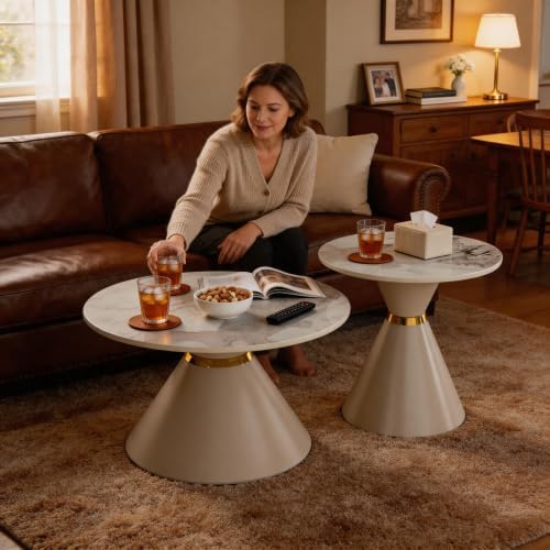 Set of 2 Nesting Coffee Table Round Faux Marble Top Coffee Tables with Base | Conical Base Nesting Coffee Table Set of 2, Round Marble‑Effect Top Stackable Coffee Tables for Small Space Living Room