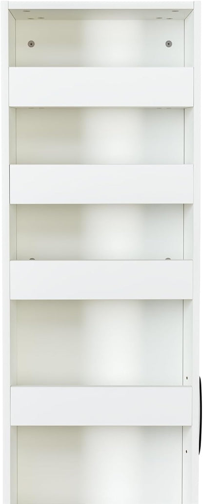 7 Tier Pull-Out Storage Cabinet with Handle & Wheels, Tall Narrow Spice Rack Next to Fridge, Wood Food Pantry for Kitchen, Dining Room, White