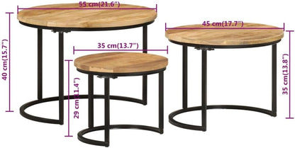Nesting Tables 3 Piece Solid Mango Wood | Space Saving, Sturdy Tabletop, Versatile for Bedroom, Living Room, Office