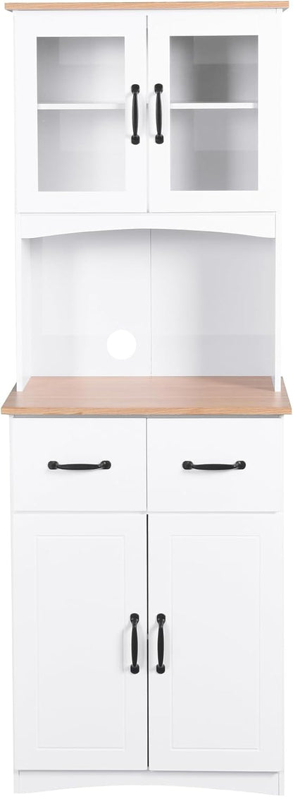 66.9'' Kitchen Pantry Cabinet, White Pantry Storage Microwave Cabinet with Glass Doors, Adjustable Shelves, Drawer, Freestanding Larder Cupboard for Kitchen, Dining Room