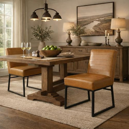 HomePop Channeled Metal Dining Chair - Caramel Brown Faux Leather (Single Pack)