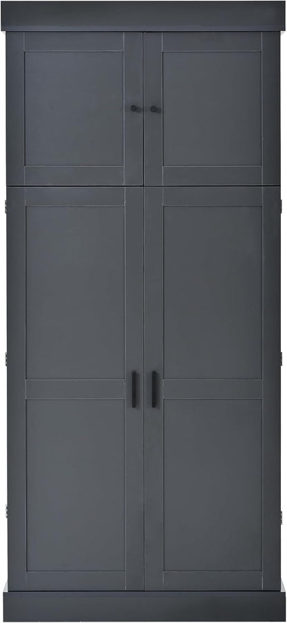 77'' Tall Freestanding Kitchen Pantry, Kitchen Storage Cabinets with Adjustable Shelves, Door Shelves, Drawers and Wine Racks, Versatile Cupboard for Dining Room, Living Room,Grey