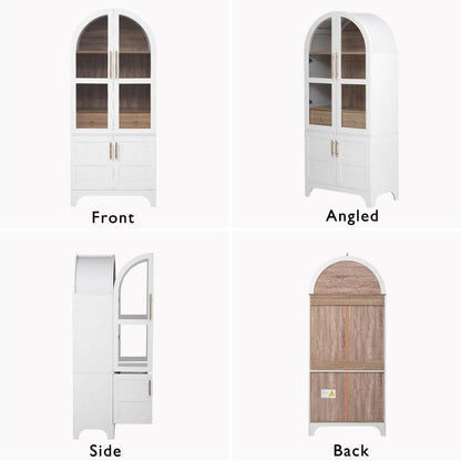 71" Tall Wooden Arched Storage Cabinet, Kitchen Pantry Cabinet with Hidden Drawer & Glass Door for Kitchen, Dining Room, Living Room and Bathroom (White)