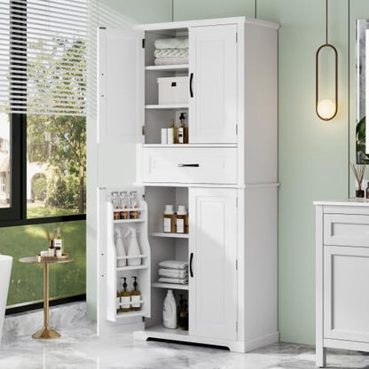 72 Inch Storage Cabinet, Tall Kitchen Pantry Cabinet with Slide Rails Drawer and Adjustable Shelf, Linen Storage Cabinet with Doors and Functional Storage Rack, for Bathroom or Kitchen, White