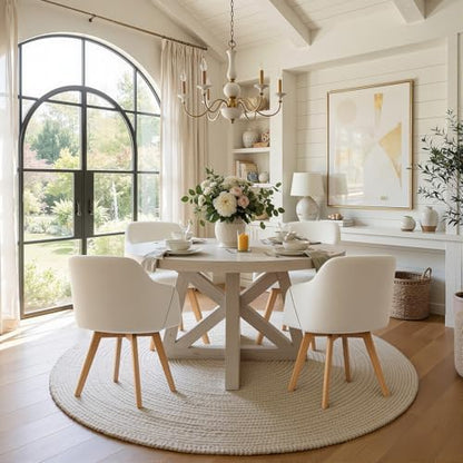 Swivel Dining Chairs Set of 6 with Arms and Wood Legs, Beige | Beech Wood Frame, Linen Fabric Upholstered Kitchen Chairs, Mid Century Modern, 18.5" Widen Seat, For Dining Room, Living Room
