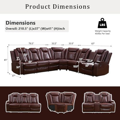 A Ainehome Power LED Reclining Sectional Sofa Set, Living Room Power Recliner Adjustable Sofa, Loveseat and Chair with Storage Console for Home/Office(A-Brown)