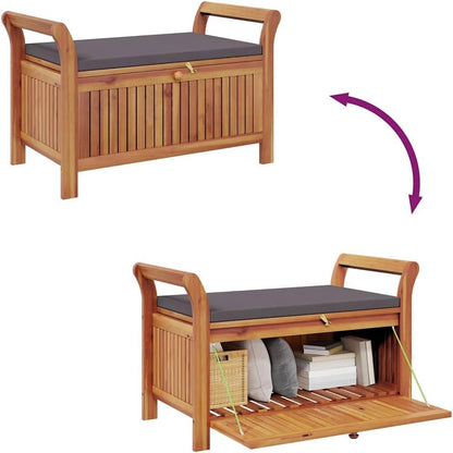 Outdoor Storage Bench with Cushion, Acacia Wood Garden Entryway Seating with Ample Interior Storage Space, 35.8-inch Deck Box Seat for Patio Porch Backyard