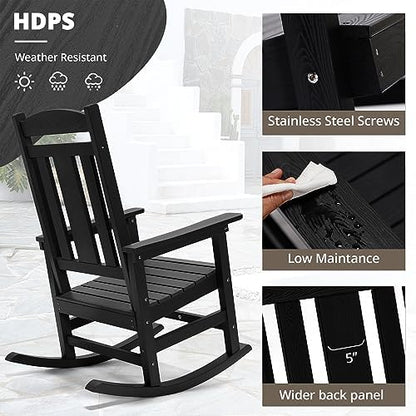 LUE BONA Outdoor Rocking Chairs Set of 2, Weather Resistant Poly Plastic Rocker, 350lb Heavy Duty, Oversized Porch Rocker for Adult, High Back Smooth for Outdoor & Indoor, Black