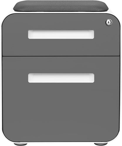 Laura Davidson Furniture STOCKPILE Mini Seated 2 Drawer Mobile File Cabinet with Removable Magnetic Cushion Seat - Short Version, Metal Filing Cabinet, Pre-Assembled, Dark Grey Face with Grey Cushion