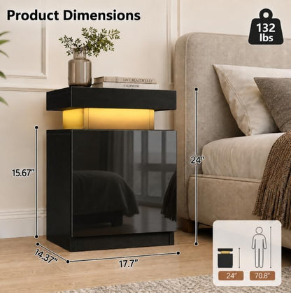 MXV Nightstand Set of 2 with LED Lights, 24in Tall Night Stand with Storage Cabinet for Bedroom, Bedside Table with LED (Black, 17.7" D x 14.37" W)