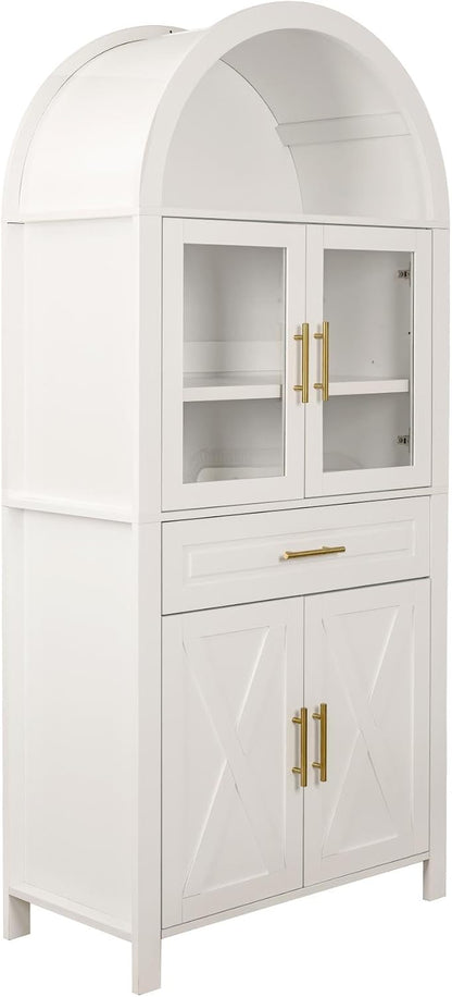 KEIKI 71" Tall Arched Kitchen Pantry Cabinet with Glass Door,Drawer,Farmhouse Storage with Adjustable Shelves Design for Kitchen,Living & Dining Room