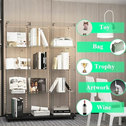65" H 4-Shelf Glass Display Storage Cabinet with LED Lights Strip & Double Doors, Modern Curio Cabinet Collection Display Case with Lockable Casters & Lock for Living Room (Black)