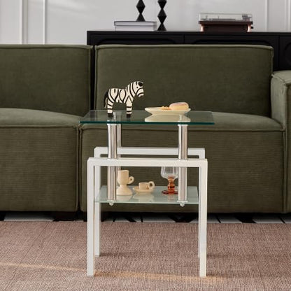 Glass End Table Tea Table with Shelf Side Table with Metal Legs Modern Small Tables for Livingroom (White)