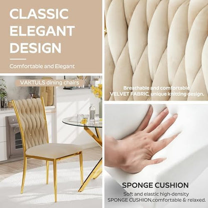 Modern Dining Chairs Set of 4, Beige Velvet Woven Kitchen Chair with Golden Metal Legs, Upholstered Cushion & High Back Design, Mid-Century Dining Chairs for Kitchen, Living Room