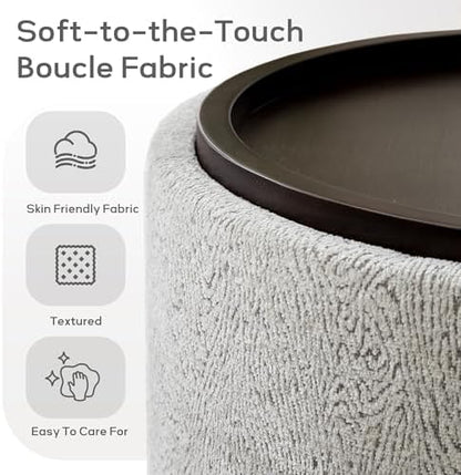 Zihanhome 30 Inch Round Storage Ottoman, Ottoman Coffee Table with Lift Off Lid, Boucle Modern Ottomans with Storage for Living Room, Bedroom, Apartments (White and Gray Striped)
