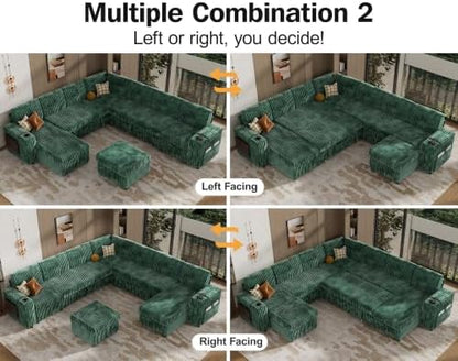 Vipbear 130" Modular Sectional Sleeper Sofa with Pull Out Bed, 9 Seat Corduroy L Shaped Couch with Ottoman and Chaise|USB Ports|Cup Holders|Side Table, Tool Free Assembly, Green