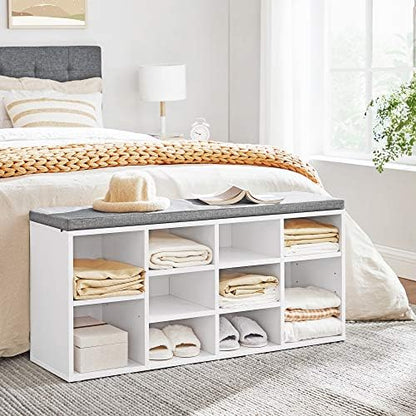 VASAGLE Shoe Bench with Cushion, 10 Compartments, 11.8 x 40.9 x 18.9 Inches | Entryway Storage Bench with Padded Seat, for Bedroom, Cloud White and Dove Gray, CUSTOS Collection ULHS10WT