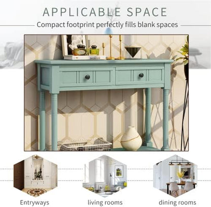 Bellemave Console Table with 2 Drawers & Bottom Shelf, Retro Entryway Table with Storage & Turned Roman Legs, Solid Wood Sofa Tables for Entrance, Hallway, Living Room (Green/35)