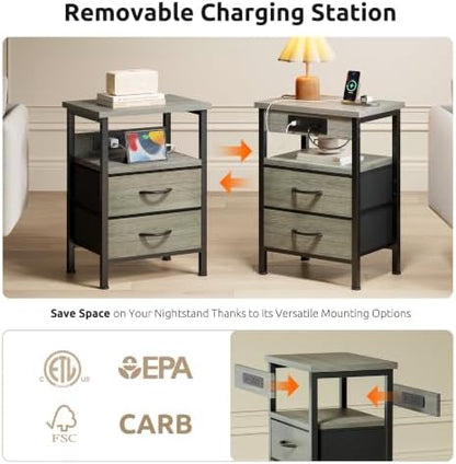 Lazzanto Night Stand with Charger Station, 2 Fabric Drawers, Grey | Nightstand, Bedside Table, Open Shelf, Built in USB-A, USB-C Port & AC Outlets, For Bedroom, Dorm, Living Room